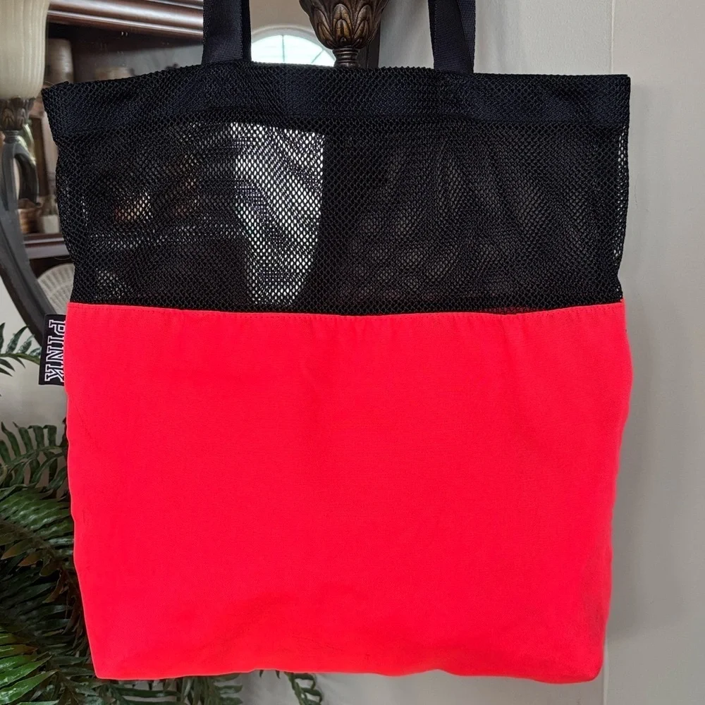 PINK Victoria's Secret Neon Coral & Black Mesh Beach Tote Bag Graphic Logo Y2K